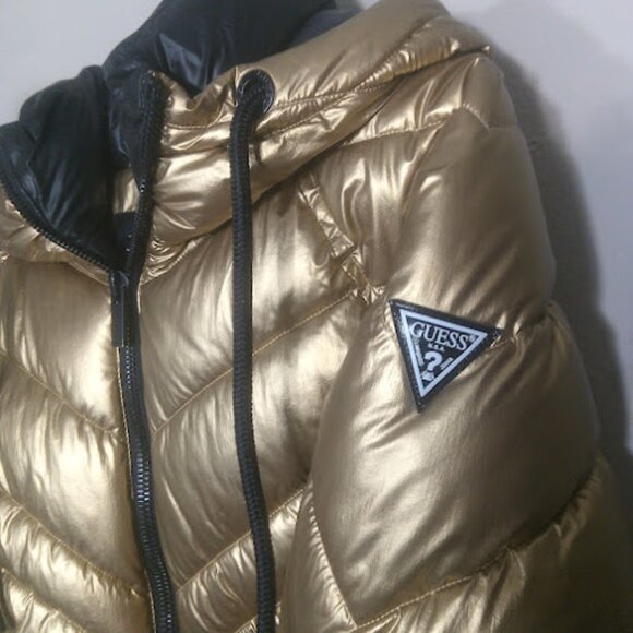 GUESS | Metallic Gold Hooded Puffer Winter Fall Jacket Quilted Snow Coat XS - Picture 8 of 16